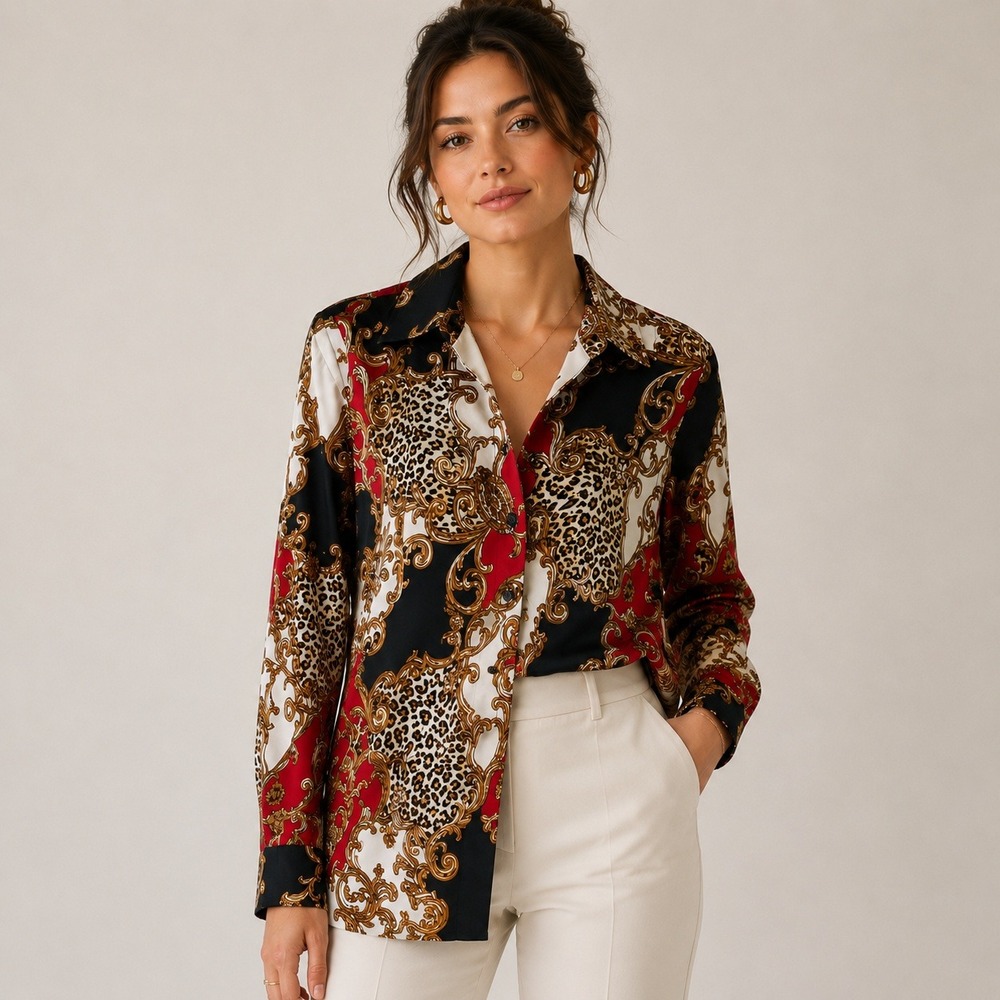 Chicos No Iron Button Down Shirt Women 2 Large Baroque Leopard Print Red Black